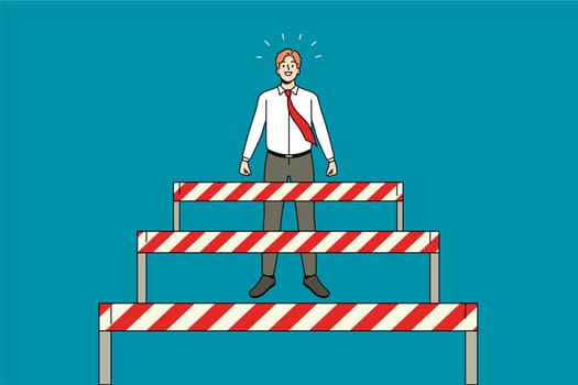 Businessman stand overcome obstacles on way to career or work success. Motivated happy man employee pass barriers to achievement. Challenge and accomplishment. Vector illustration.