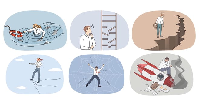 Collection of businesspeople distressed with work failure or crisis. Set of diverse employees or workers stuck in risky job situation. Concept of fail and bankruptcy. Vector illustration.