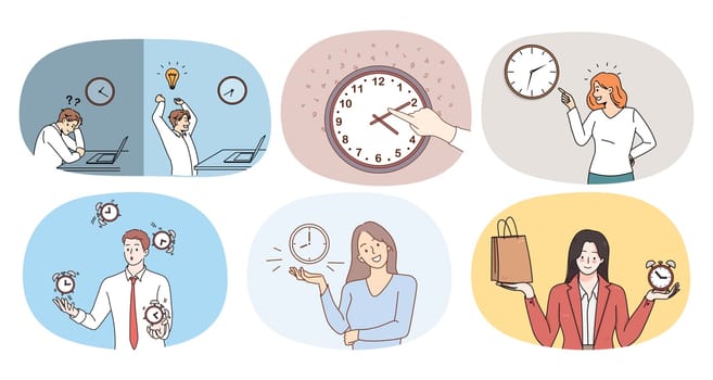 Set of diverse people relations with time. Collection of men and women follow timeline in life or at workplace. Time management and good habit. Flat vector illustration.