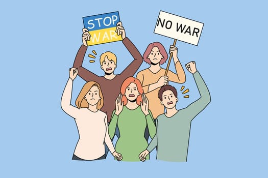 Angry determined people with Ukrainian flags and banners protest against war. Men and women activist on demonstration support Ukraine. Stop war concept. Flat vector illustration.