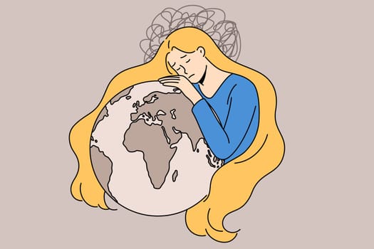Sad young Ukrainian woman in national colors hug planet Earth stand for peace in Ukraine. Upset girl mourn and grief for land. Stop war, stop Russian aggression. Flat vector illustration.