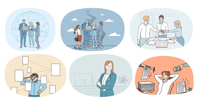 Set of diverse businesspeople at work with colleagues or subordinates. Collection of employees or workers collaborate with coworkers. Teamwork and leadership. Vector illustration.
