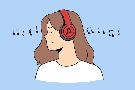 Side view of happy relaxed girl in wireless headphones listen to music. Smiling young woman in modern earphones enjoy good quality sound on gadget. Technology. Vector illustration.