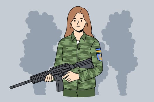 Portrait of Ukrainian woman soldier in military uniform with gun fight on war for independence. Courageous female with rifle participate protect country in Ukraine Russia war. Vector illustration.