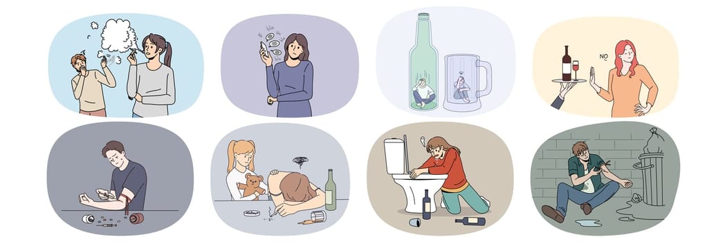 Set of unhappy diverse people suffering from addictions. Collection of men and women struggling with drug and alcohol addictive behavior. Healthcare and bad habits. Vector illustration.