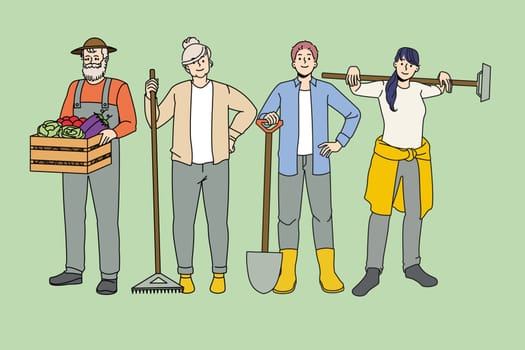 Happy diverse farmers with tools involved in organic farming and rustic cultivation. Men and women gardeners growing eco products. Village gardening and agriculture. Vector illustration.