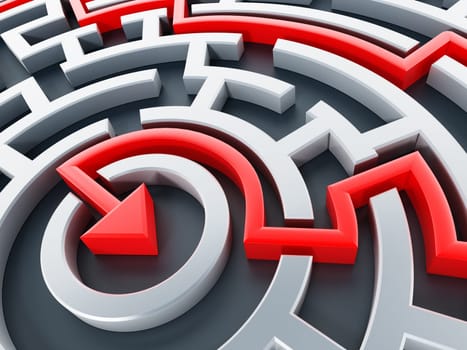 Red line leading to the center of the round maze. 3D illustration.