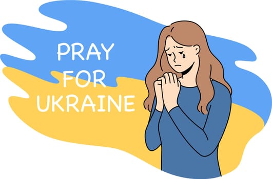 Unhappy girl on Ukraine flag background pray for saving lives of people in war. Upset young Ukrainian woman crying against war and Russian aggression. Fear and violence. Vector illustration.