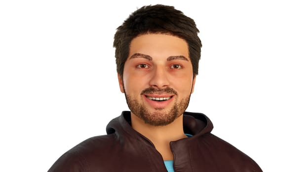 man portrait beard and mustache young photogenic person 3D illustration centered on white background