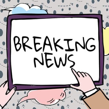 Writing displaying text Breaking News, Word for Special Report Announcement Happening Current Issue Flashnews Hands Holding Paper Showing New Ideas Surrounded With Stars.