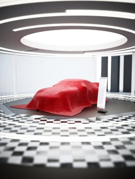 New car model showcase on the podium under the red silk. 3D illustration.