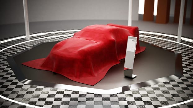 New car model showcase on the podium under the red silk. 3D illustration.