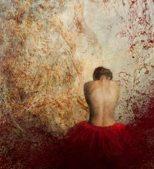 Woman in red dress from behind.