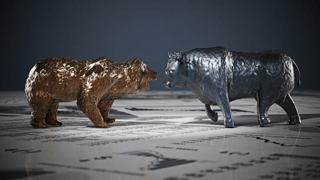 Bear and bull figures on economy newspaper pages. 3D illustration.