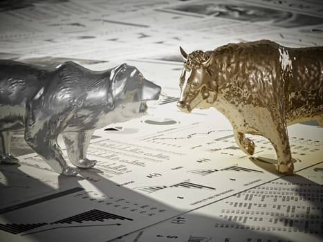 Bear and bull figures on economy newspaper pages. 3D illustration.