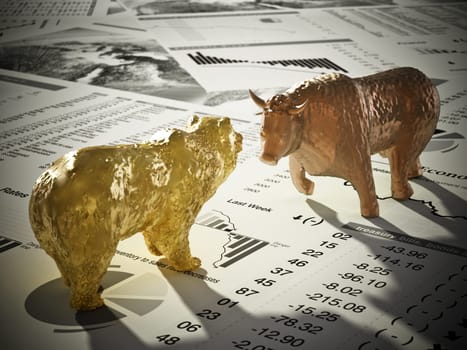Bear and bull figures on economy newspaper pages. 3D illustration.
