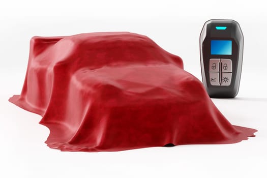Smart remote car key and new car model under the red silk cloth. 3D illustration.