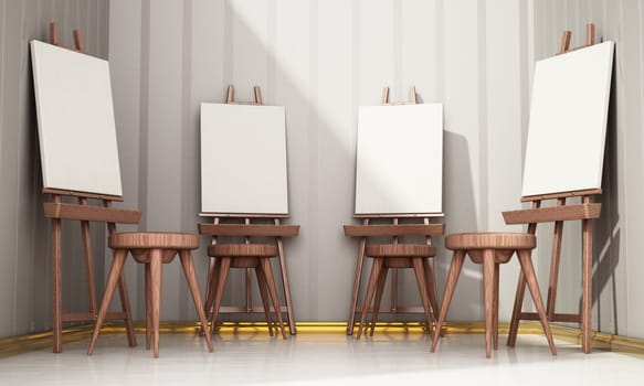 Easels and blank canvases standing in a row. 3D illustration.
