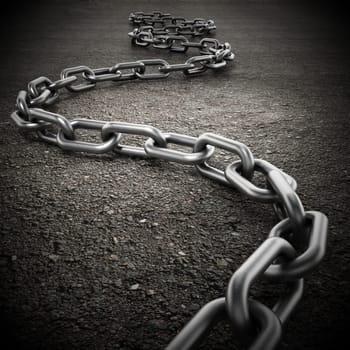 Long and curved iron chain on the ground. 3D illustration.