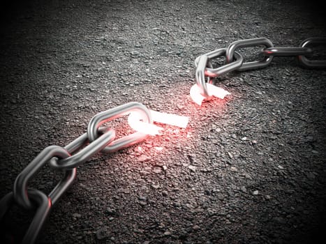 Illuminated broken chain part on the ground. 3D illustration.