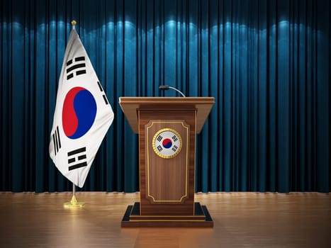 Press conference with flags of South Korea and lectern against the blue curtain. 3D illustration.