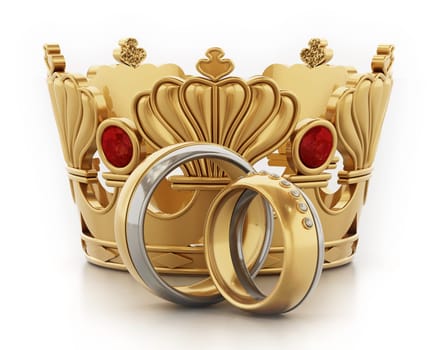 Royal wedding concept with crown and wedding rings. 3D illustration.