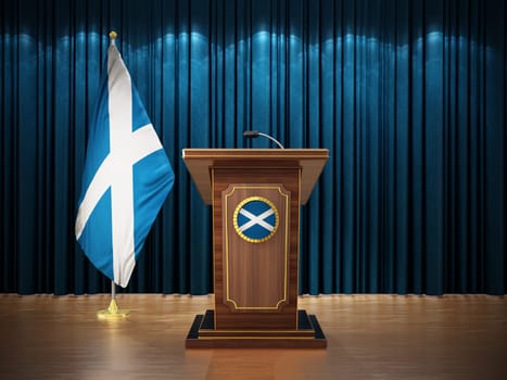 Press conference with flags of Scotland and lectern against the blue curtain. 3D illustration.