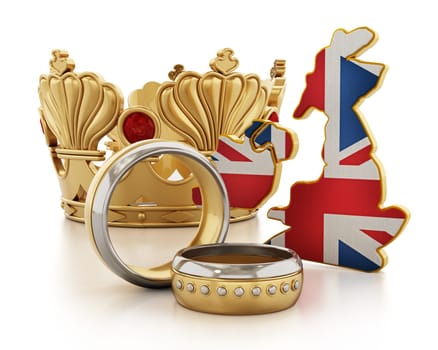 Royal wedding concept with a crown, wedding rings and British map and flag. 3D illustration.