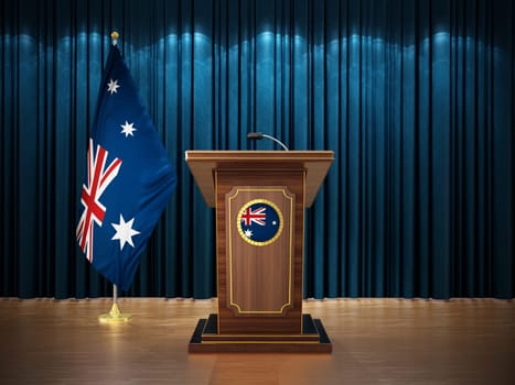 Press conference with flags of New Zealand and lectern against the blue curtain. 3D illustration.