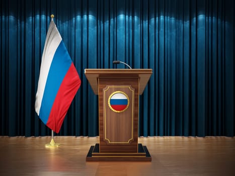 Press conference with flags of Russia and lectern against the blue curtain. 3D illustration.