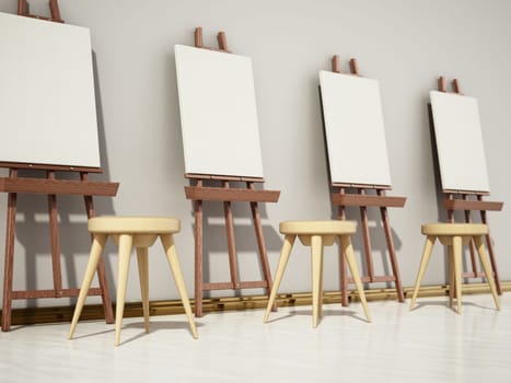 Easels and blank canvases standing in a row. 3D illustration.