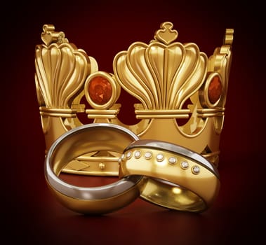 Royal wedding concept with crown and wedding rings. 3D illustration.