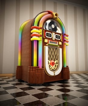 Jukebox standing on checkers ground next to the wall. 3D illustration.