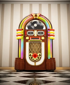 Jukebox standing on checkers ground next to the wall. 3D illustration.