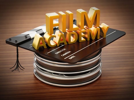 Film reels, clapboard and cinema tickets isolated on white background. 3D illustration.