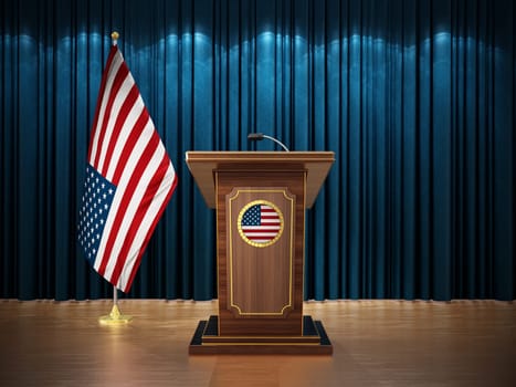 Press conference with flags of United States of America USA and lectern against the blue curtain. 3D illustration.
