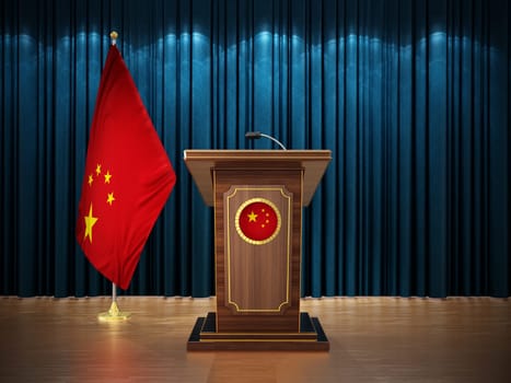 Press conference with flags of China and lectern against the blue curtain. 3D illustration.
