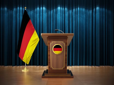 Press conference with flags of Germany and lectern against the blue curtain. 3D illustration.