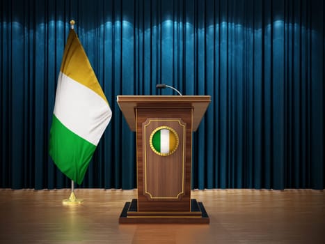 Press conference with flags of Ireland and lectern against the blue curtain. 3D illustration.