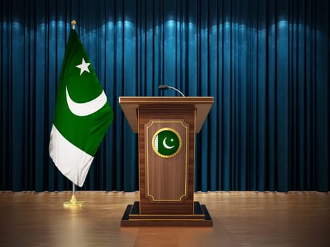 Press conference with flags of Pakistan and lectern against the blue curtain. 3D illustration.
