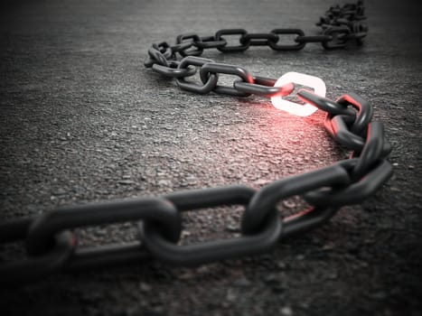 Illuminated chain part connecting two sides of the chain. 3D illustration.