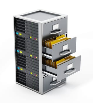 File cabinet combined with network server. 3D illustration.