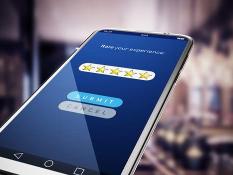 Five stars rating screen on smartphone. 3D illustration.