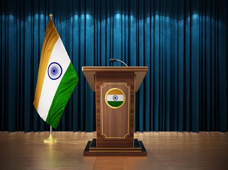 Press conference with flags of India and lectern against the blue curtain. 3D illustration.