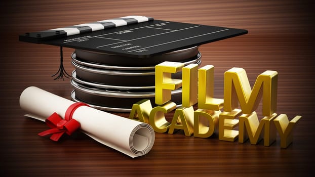 Clapboard standing on film strips like a mortarboard. Film academy text and diploma. 3D illustration.
