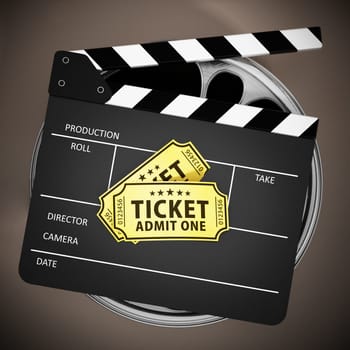 Clapboard and cinema tickets on film reels. 3D illustration.