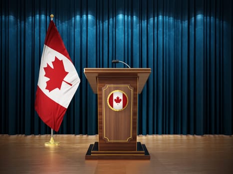 Press conference with flags of Canada and lectern against the blue curtain. 3D illustration.