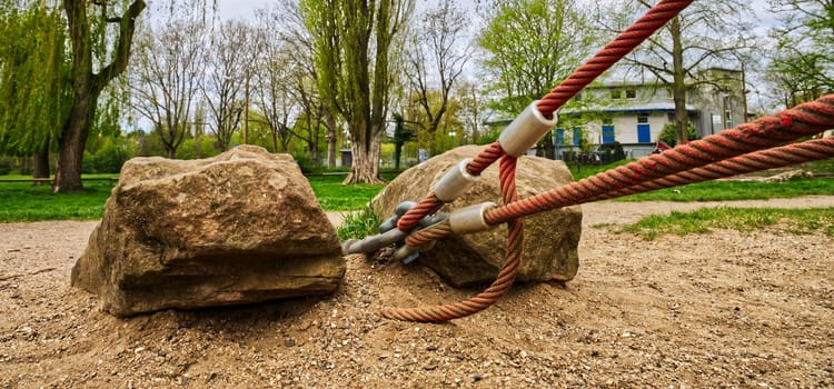 rope anchorage with two big stones/ rocks and ropes, close up view