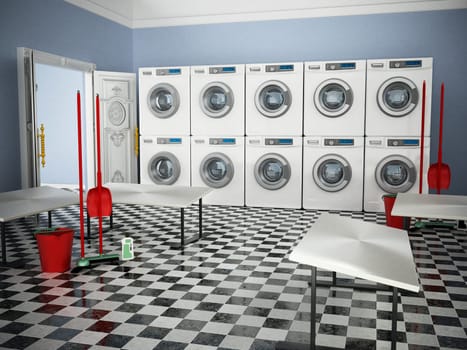 Laundry room with a large of washing machines and tumble dryers. 3D illustration.