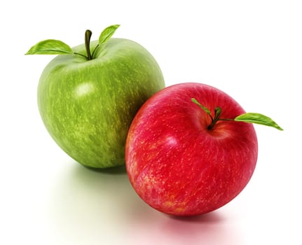 Fresh red and green apples isolated on white background. 3D illustration.